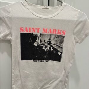 Brandy Melville White Crop Top with Pink and Black Graphic